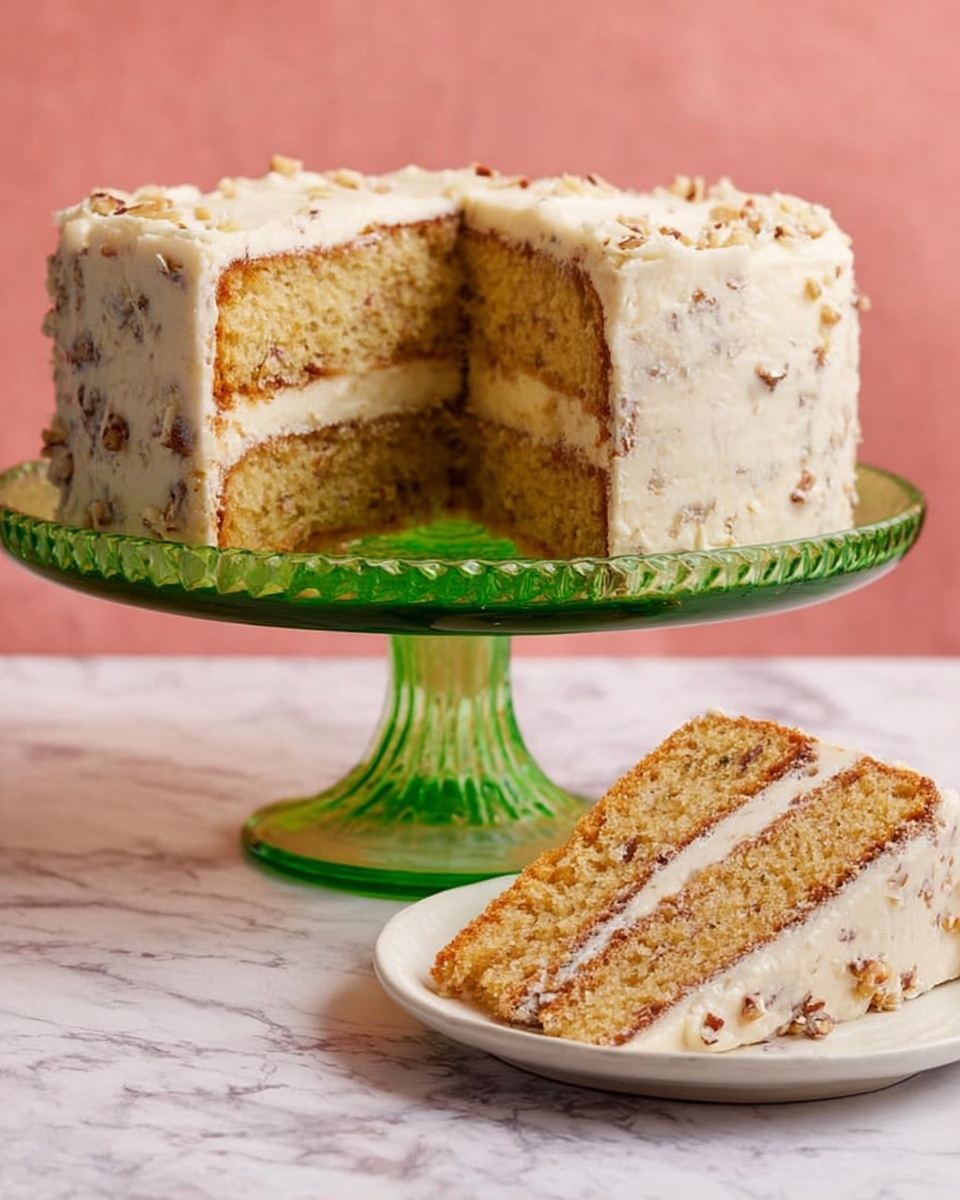 A slice of two-layered cake with light brown crumb and small chunks inside is placed on a round white plate. Each layer is thick and even, separated by a creamy white frosting, which also covers the sides with a slightly textured look. A silver fork rests on the plate, holding a bit of the cake and frosting. To the left, part of the whole cake with the same frosting can be seen on a white plate with a scalloped edge. The background is a white marbled surface. photo taken with an iphone --ar 4:5 --v 7