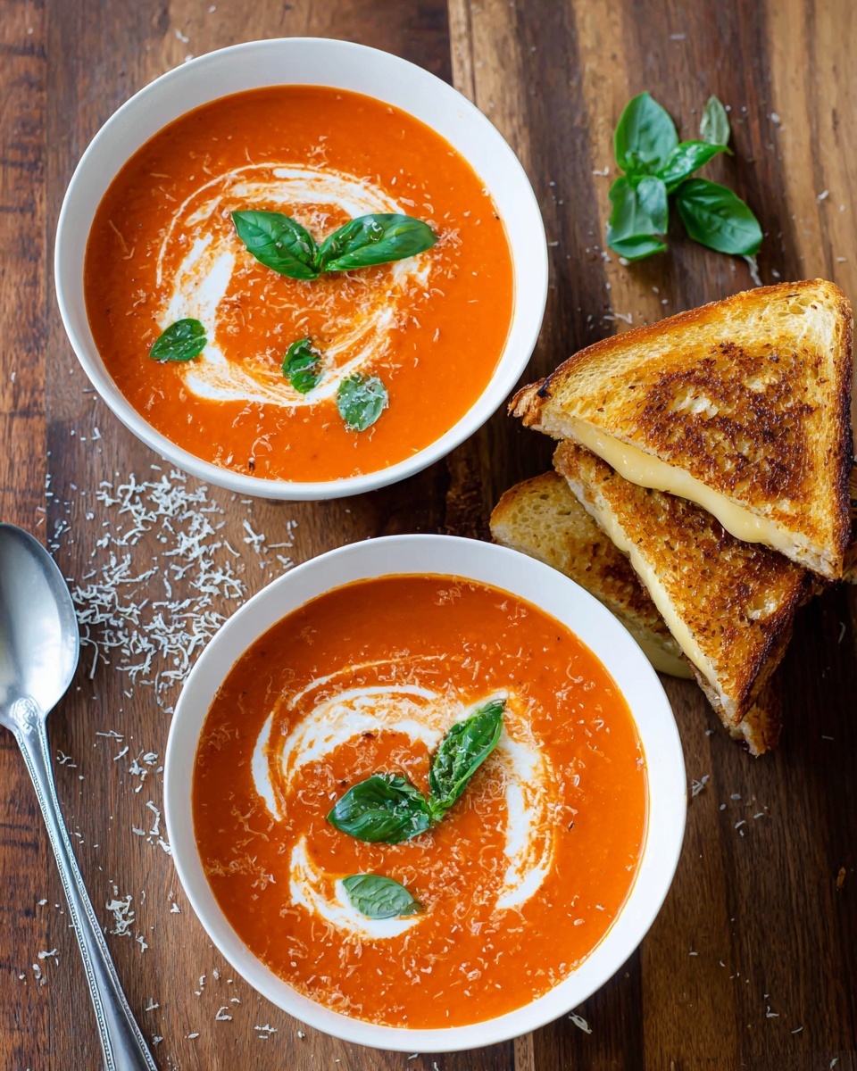 A white bowl filled with bright orange tomato soup with visible small rice pieces. It has a swirl of white cream in the center with fresh green basil leaves scattered on top. Behind the bowl, there are two golden toasted sandwich halves stacked on each other showing melted cheese inside. The bowl sits on a white marbled surface with a silver spoon lying nearby. Photo taken with an iphone --ar 4:5 --v 7