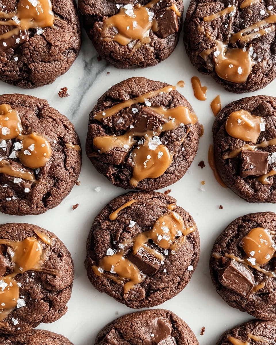 Nine dark brown chocolate cookies are arranged neatly on white parchment paper over a white marbled surface. Each cookie has a cracked, slightly rough texture with large melted dark chocolate chunks embedded on the top layer. Drizzled thick lines of light brown peanut butter sauce streak across the cookies unevenly, adding a shiny, smooth contrast to the matte cookie surface. A few flakes of coarse white salt are scattered on top of each cookie, catching light and adding a subtle sparkle to the rich dark tones photo taken with an iphone --ar 4:5 --v 7