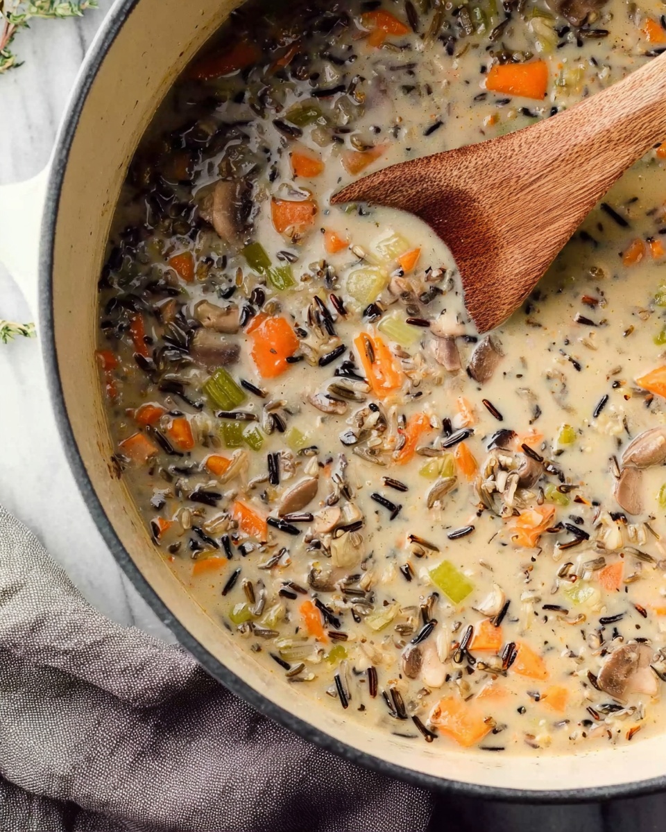 A close-up view of a creamy wild rice soup in a large pot, showing small chunks of orange carrot, celery, and mushrooms mixed with dark wild rice and white cream broth. A wooden spoon is partially dipped in the soup on the right side, stirring the mixture. The pot is placed on a white marbled surface with a gray cloth partially visible underneath. The texture of the soup looks thick and smooth with visible small vegetable pieces mixed evenly throughout. Photo taken with an iphone --ar 4:5 --v 7