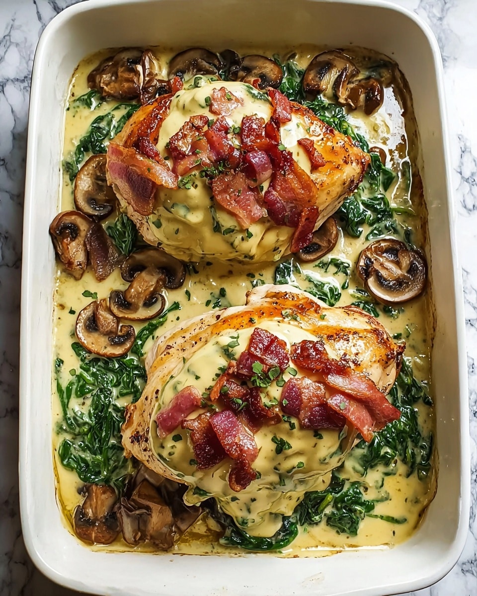 Smothered Chicken with Creamed Spinach, Bacon, and Mushrooms Recipe - Recipe Image