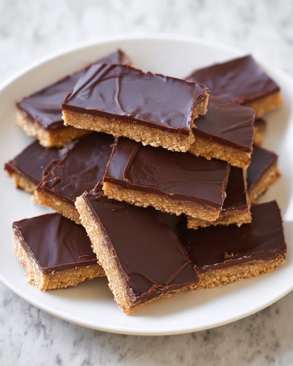A white plate is full of rectangular dessert bars stacked unevenly. Each bar has two layers: a bottom layer in light brown with a crumbly texture and a smooth, thick, dark chocolate layer on top. The dark chocolate surface shows light wrinkles and slight shine, while the light brown base looks dense and slightly grainy. The plate sits on a white marbled surface. photo taken with an iphone --ar 4:5 --v 7