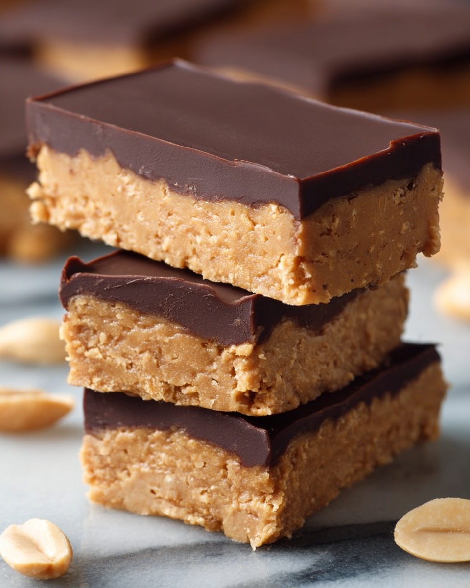 The image shows a close-up of three stacked rectangular bars with two clear layers: a thick, textured light brown base layer and a smooth, shiny dark brown layer on top. Around the stack are similar bars, some flat and some with whole and halved light beige nuts scattered on a flat silver surface. The background and surface are changed to a white marbled texture. photo taken with an iphone --ar 4:5 --v 7