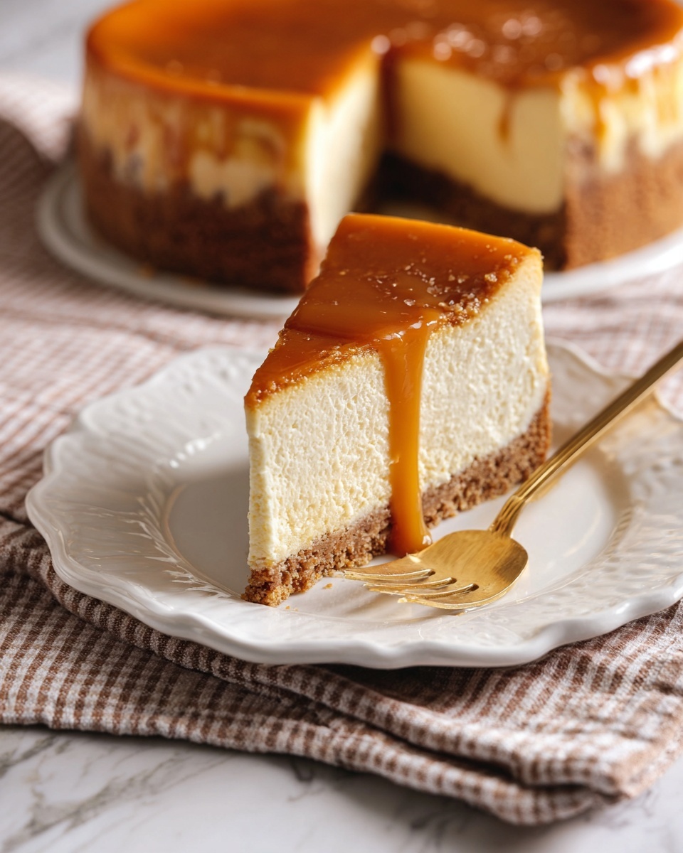 A slice of cheesecake sits on a white plate with scalloped edges. The cheesecake has three layers: the bottom crust is a thin, crumbly brown layer; the middle layer is thick, creamy, and light beige with a slightly grainy texture; the top layer is a smooth, shiny caramel sauce that gently drips down one side. Next to the slice, there is a golden fork resting on the plate. In the background, the remaining cheesecake, with an even caramel top and thick crust, is slightly blurred. The whole scene is placed on a checkered cloth over a white marbled texture. photo taken with an iphone --ar 4:5 --v 7