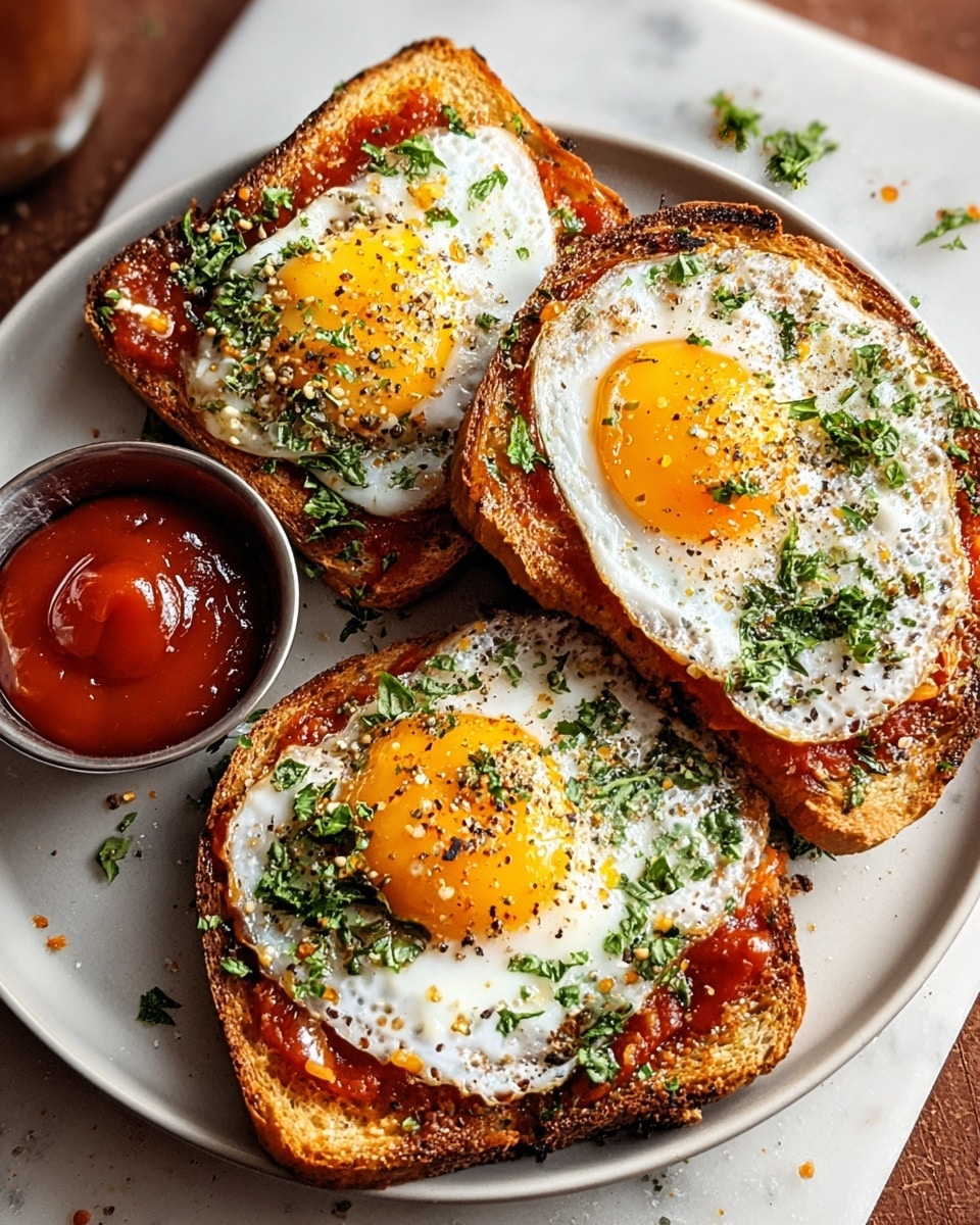 The image shows three slices of toasted bread placed side by side on a dark rectangular pan, each topped with a reddish tomato sauce layer spread evenly. On top of the tomato sauce, there is a fried egg with a bright, runny golden-yellow yolk in the center, surrounded by cooked white egg whites. Each egg is sprinkled with finely chopped green herbs and drizzled with a green sauce that looks like pesto, adding a fresh texture and color contrast. Small specks of black pepper are visible on the eggs. There are a few green herb leaves scattered around the pan. The whole scene sits on a wooden table with a white marbled texture in the background. Photo taken with an iphone --ar 4:5 --v 7