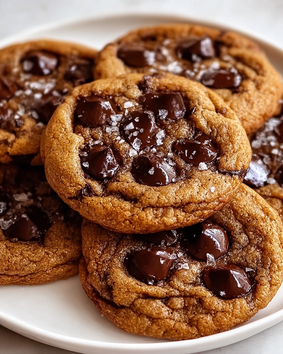 Three soft brown cookies with a crackled texture are stacked closely on a white plate. Each cookie has several dark, shiny chocolate chips scattered on top, some slightly melted into the cookie, adding depth and contrast. Tiny crystals of white sea salt are sprinkled over the chocolate chips, giving a slight sparkle. The white plate rests on a white marbled surface that complements the warm, rich colors of the cookies. photo taken with an iphone --ar 4:5 --v 7
