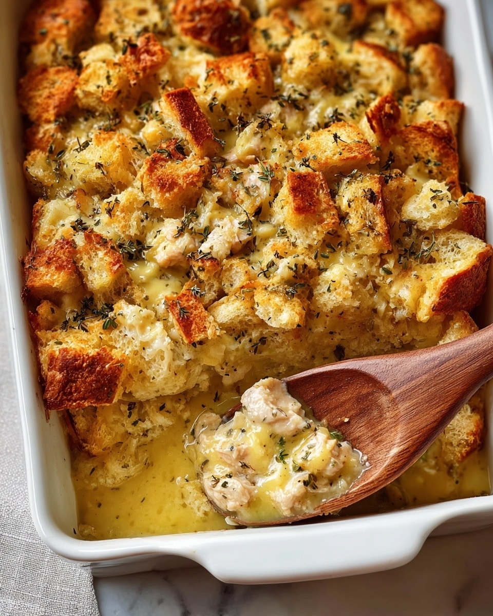 A white baking dish is filled with a golden brown baked casserole that has a rough, crumbly top layer with spots of darker toasted areas. The casserole looks thick and chunky with multiple layers of bread-like pieces mixed with a creamy sauce and small green herb bits scattered throughout. A wooden spoon lifts a scoop from the dish, showing the casserole's dense texture with soft, moist bread chunks and visible bits of white and brown ingredients. The background is a white marbled surface, highlighting the warm and hearty look of the casserole. photo taken with an iphone --ar 4:5 --v 7