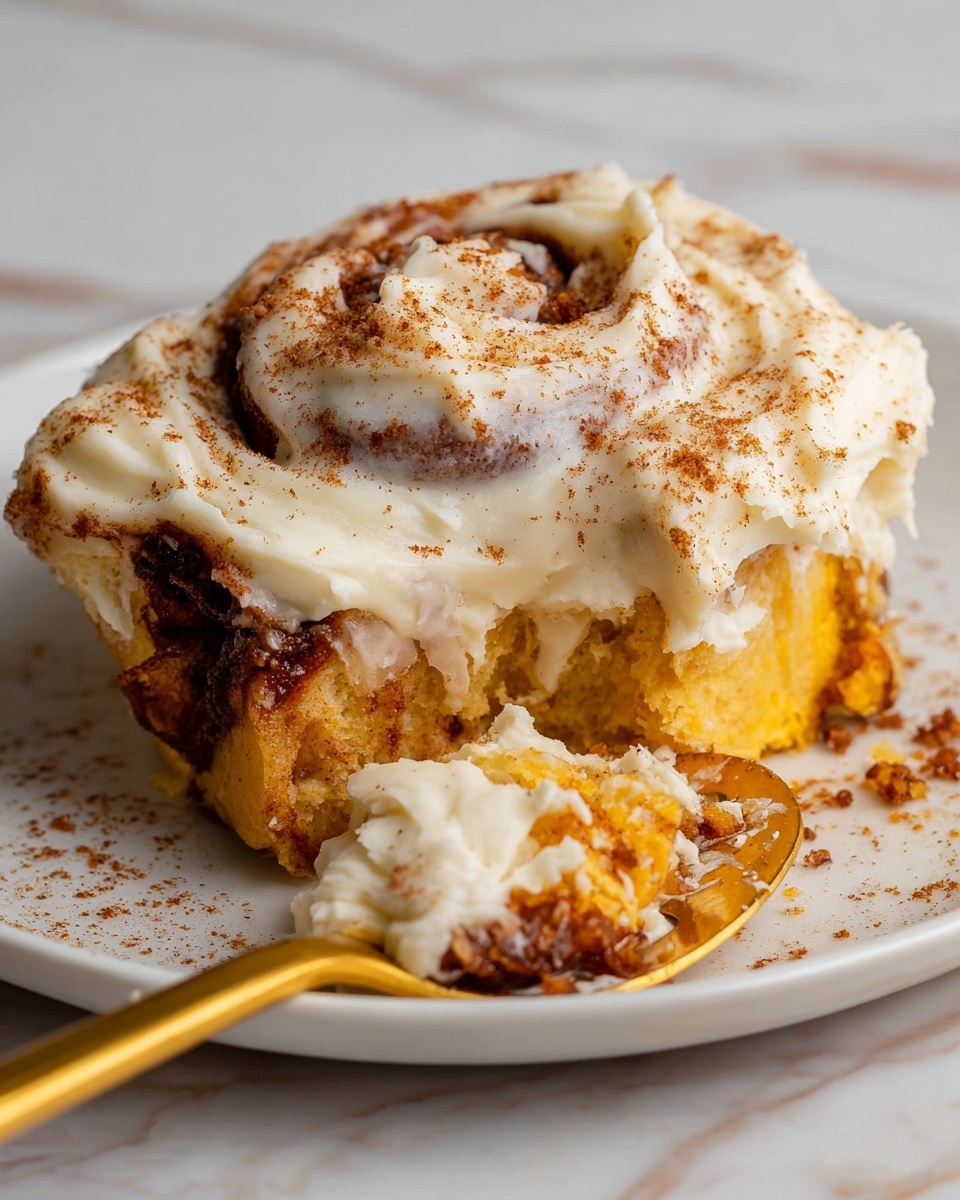 Three cinnamon rolls are on white plates placed on a white marbled surface. Each roll has two main layers: a soft, golden-yellow dough base rolled with a dark brown cinnamon filling visible in the spiral, topped with a thick layer of creamy, light beige frosting sprinkled with brown cinnamon powder. Around the plates and on the surface, there are several star anise spices and scattered cinnamon powder, adding texture to the scene. A beige striped cloth is partly visible on the right side of the image. photo taken with an iphone --ar 4:5 --v 7