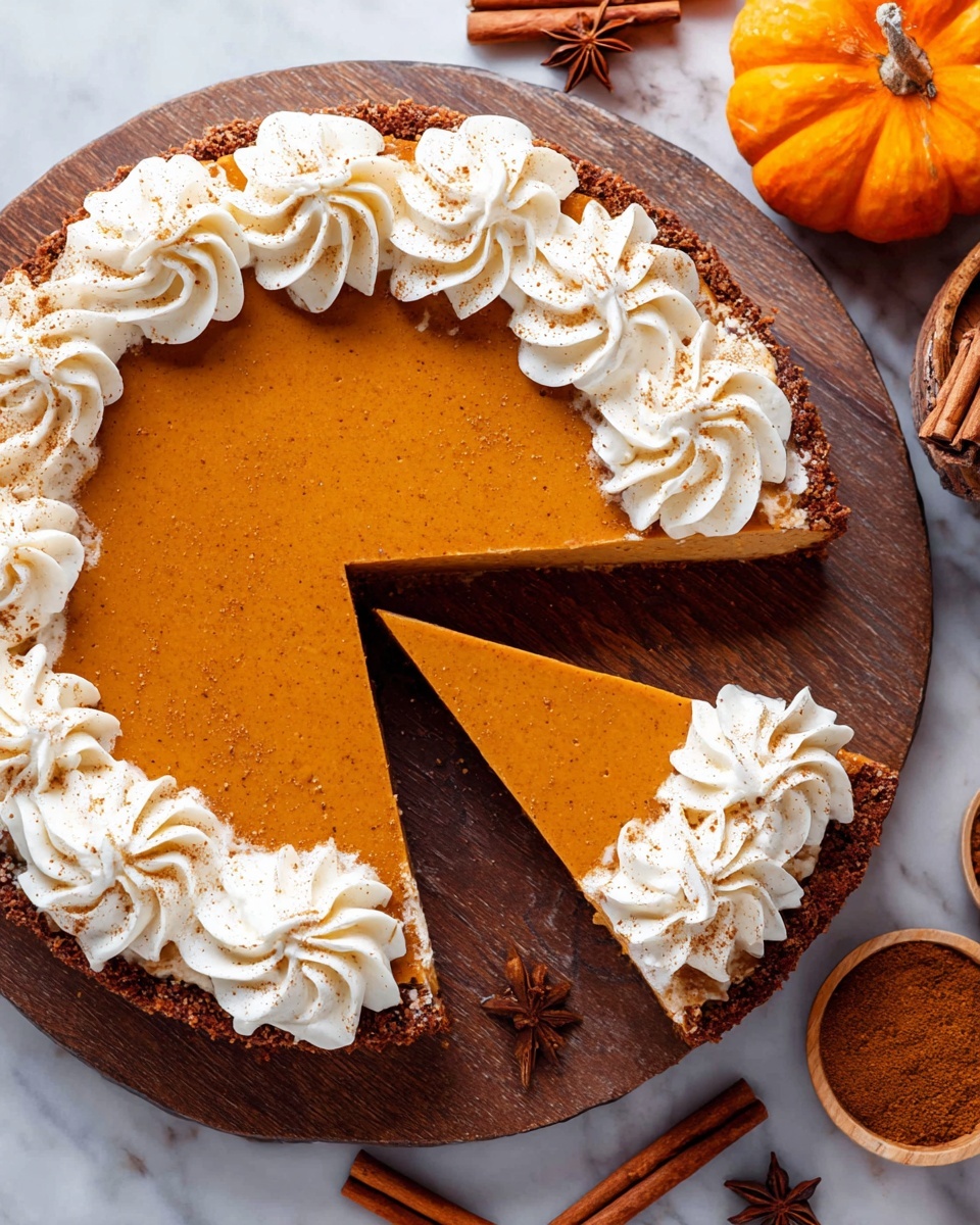 A close-up of a slice of pumpkin cheesecake placed on a white plate with a white marbled surface underneath. The cheesecake has three layers: a thick, dense, smooth orange pumpkin layer in the middle with small specks, a thin brown crumbly crust at the bottom, and a thick layer of white whipped cream swirled decoratively on top. The cream has small brown crumbs sprinkled on it. A fork with a small piece of the cheesecake is near the plate's edge. The background is softly blurred with warm, dark tones and hints of autumn decorations. Photo taken with an iphone --ar 4:5 --v 7