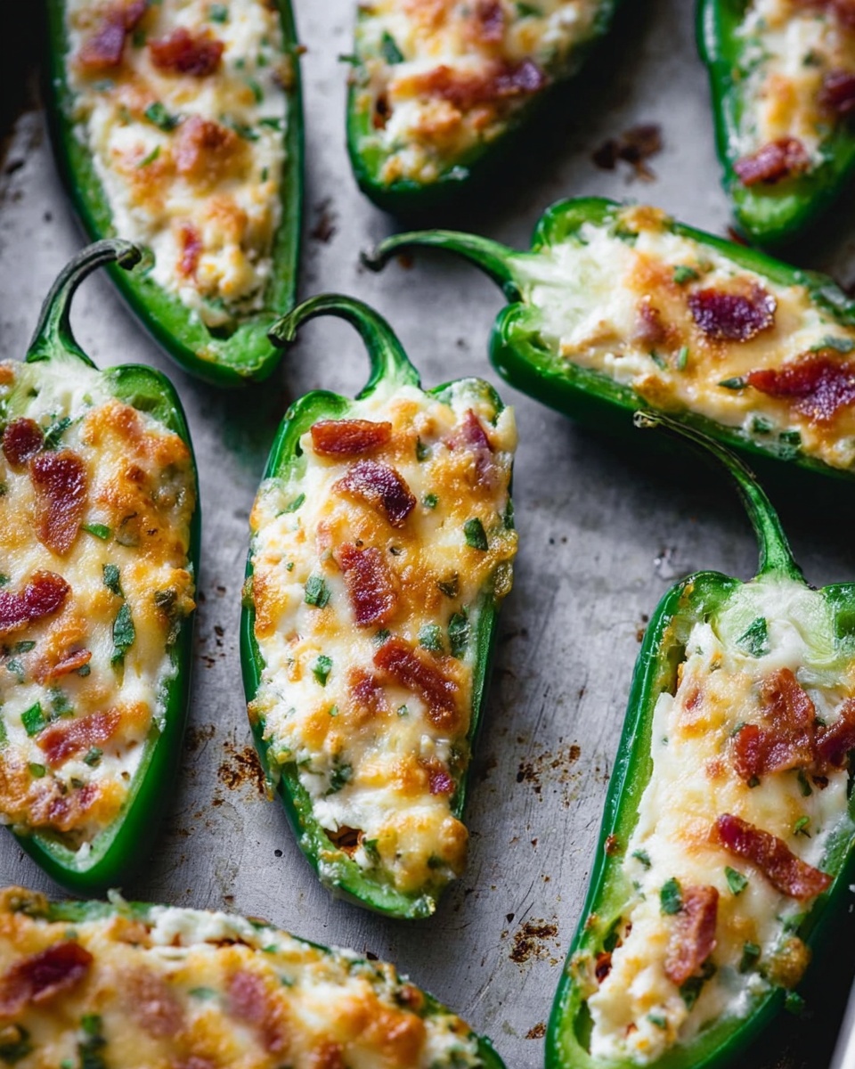 The image shows several green jalapeño halves filled with a creamy mixture topped with melted yellow-orange cheese and small pieces of cooked bacon. The cheese layer looks soft and bubbly with a lightly browned surface. Some parts have a crumbly topping sprinkled on top, and small chopped green herbs are scattered across the filling and jalapeño edges. The jalapeños are placed randomly on a silver metal baking tray, showing a close-up view of the stuffed peppers. photo taken with an iphone --ar 4:5 --v 7