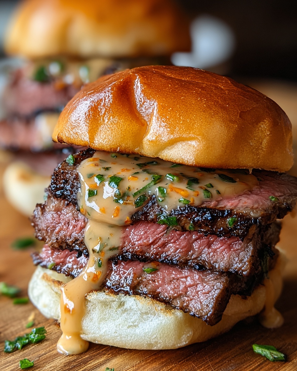 The image shows a close-up of a sandwich with two thick layers of grilled steak, each piece cooked medium with a pink center and seared edges. On top of the steak is a creamy sauce with visible bits of herbs and red pepper flakes, drizzling down the sides. The sandwich is held together by a shiny, soft white bun with a smooth top. The sandwich sits on a wooden surface with some sauce spilled underneath. In the blurred background, there is another sandwich similar in look. Photo taken with an iphone --ar 4:5 --v 7