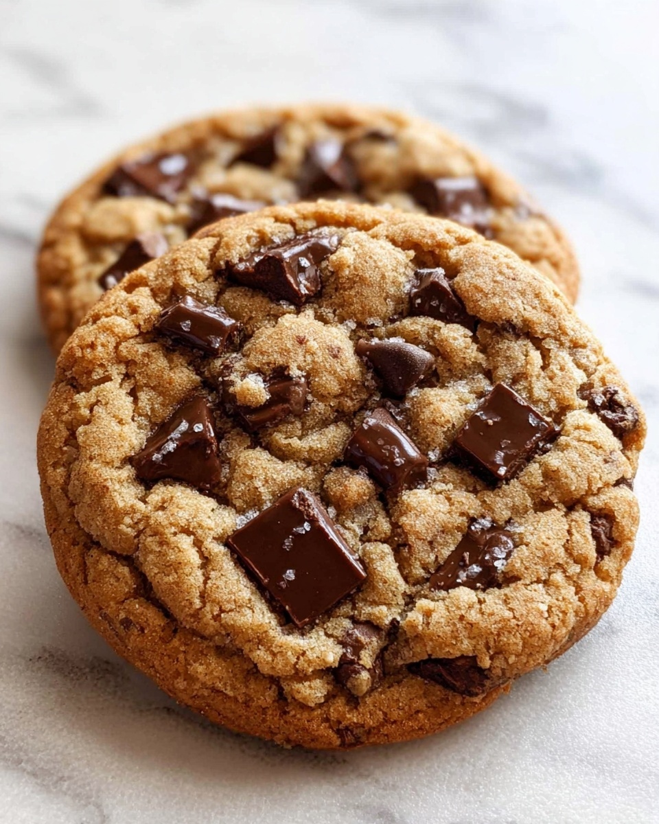 Two round chocolate chip cookies are placed on a white marbled surface. The top cookie shows a rough golden-brown texture with many dark brown, smooth chocolate chunks embedded all over. Some chocolate pieces are slightly melted, adding shine. The cookie edges are slightly cracked, showing a crunchy look, while the inside looks soft. The second cookie is partly visible behind the first cookie, showing similar colors and texture. Photo taken with an iphone --ar 4:5 --v 7