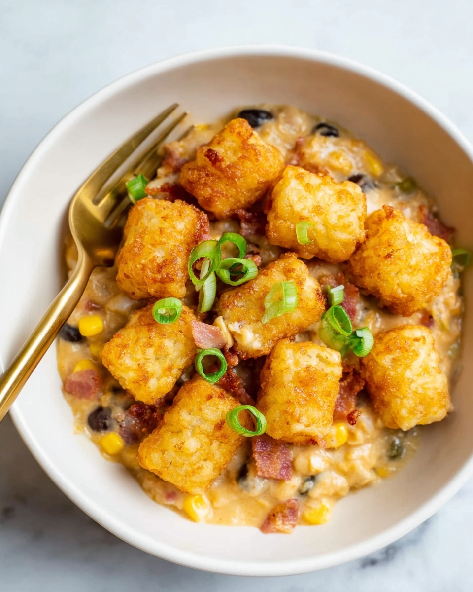 The dish is served in a white bowl with a creamy mixture as the base, containing visible pieces of corn, black beans, and small bits of pinkish bacon. On top of this base, there are five crisp, golden-brown tater tots evenly spread out, adding a crunchy texture. Small slices of fresh green onions are scattered over the dish, providing a touch of bright green color and freshness. A gold and white fork rests inside the bowl on the left side. The bowl sits on a white marbled surface. Photo taken with an iphone --ar 4:5 --v 7