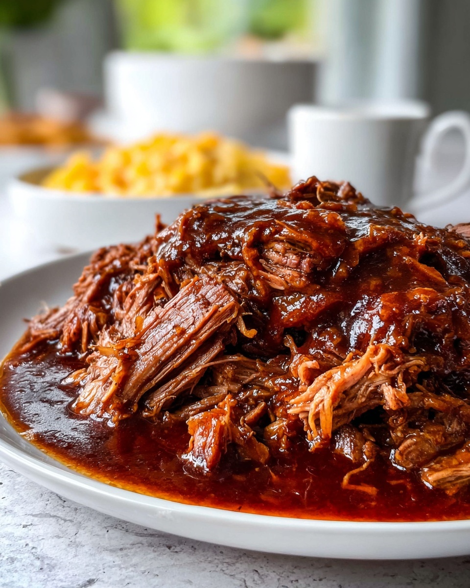 A white plate holds a pile of shredded meat layered thickly. The bottom layer is a mix of tender, stringy brown meat with a dry texture. On top, there is a thick, dark reddish-brown sauce that is shiny and smooth, covering chunks of the meat. The sauce is rich and coats the meat well, with some sauce pooling lightly on the plate around the base. The background is a white marbled texture, softly blurred with light coming from the side, highlighting the glossy sauce and the texture of the meat. Photo taken with an iphone --ar 4:5 --v 7