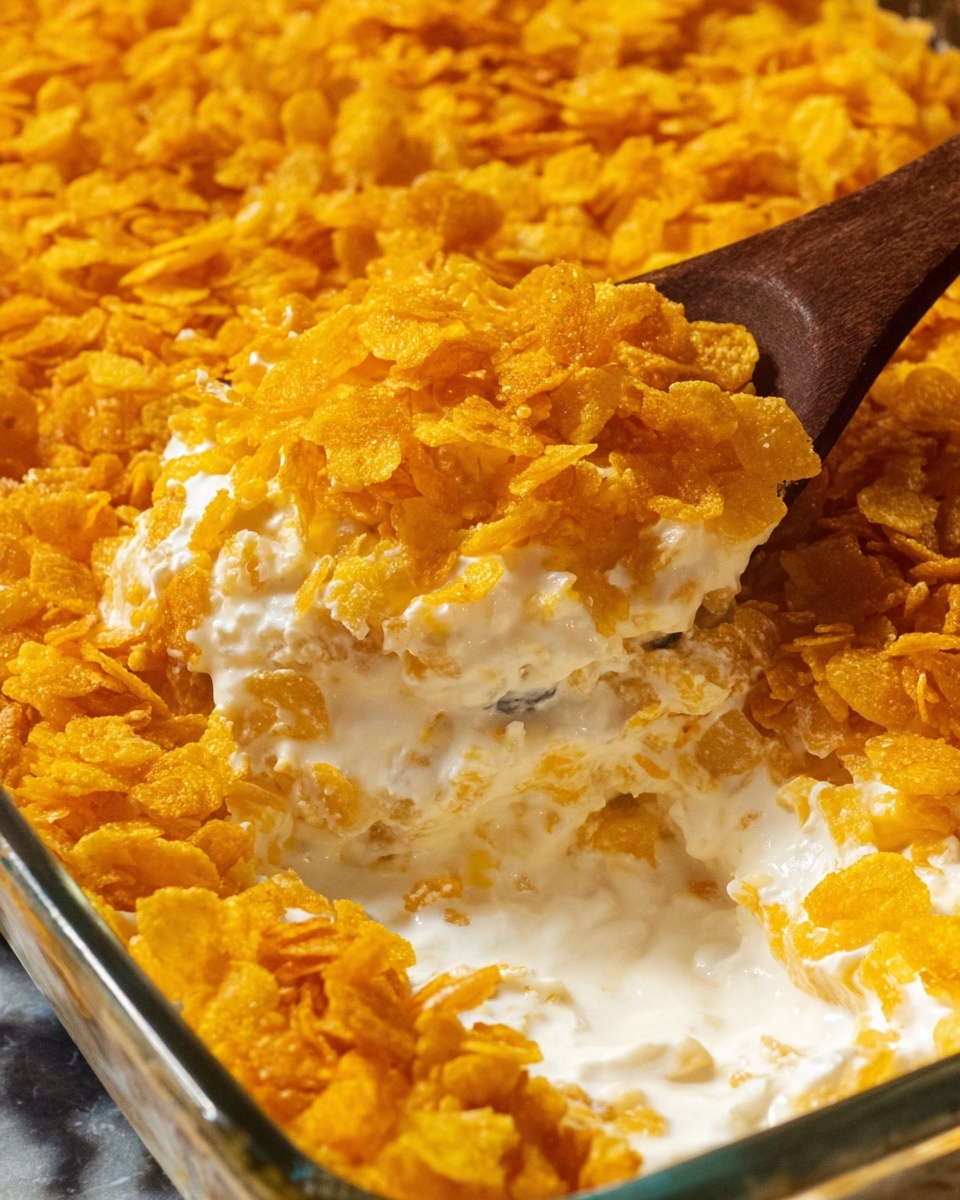 The image shows a clear glass rectangular baking dish filled with a two-layer dish. The bottom layer is smooth and creamy white, covering the whole base evenly. On top, there is a thick, uneven layer of bright orange crushed cornflakes spread all over, giving a crunchy texture. The baking dish sits on a white marbled surface. photo taken with an iphone --ar 4:5 --v 7