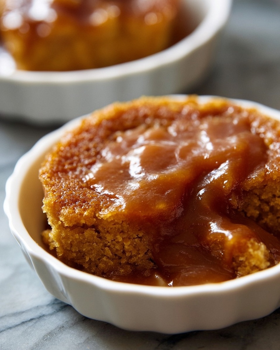 The image shows a white rectangular dish with a baked dessert inside, featuring a golden-brown, slightly cracked top layer with a few pecan nuts embedded in the surface. The dessert has been partially scooped out from one corner, revealing a thick, glossy, caramel-colored sauce layer underneath, which looks smooth and shiny. There is a spoon resting inside the dish, dipped into the sauce layer, with some sauce clinging to it. The dish is placed on a white marbled surface. photo taken with an iphone --ar 4:5 --v 7