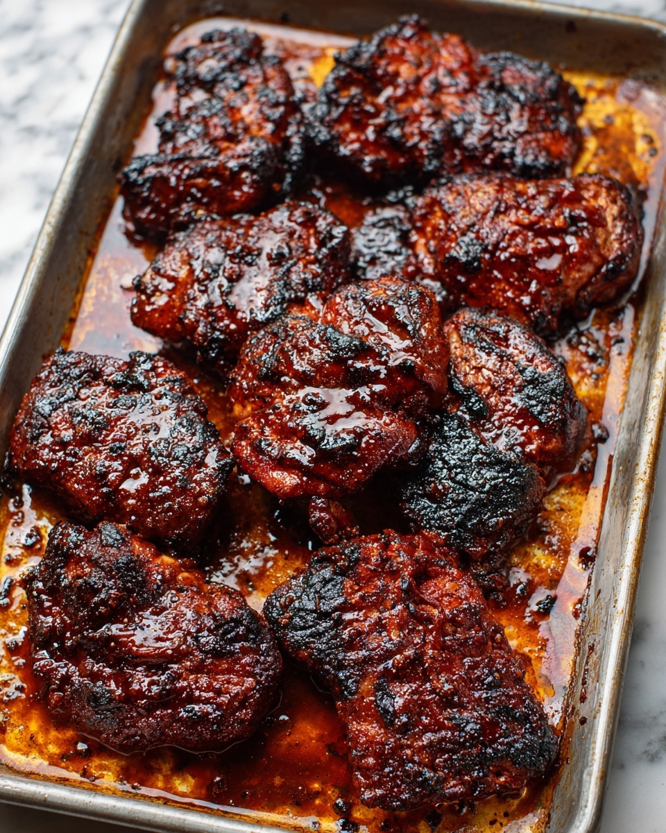 Grilled Korean BBQ Chicken Sandwich with Spicy Mayo and Pickles Recipe 5 A metal baking tray is filled with several pieces of dark, glazed grilled meat coated in a shiny, thick sauce. The pieces are mostly reddish-brown with charred black edges, and the surface texture shows a mix of smooth sauce and rough burnt spots. The sauce pools slightly at the bottom, with visible oiliness and some small charred bits. The tray sits on a white marbled surface. photo taken with an iphone --ar 4:5 --v 7