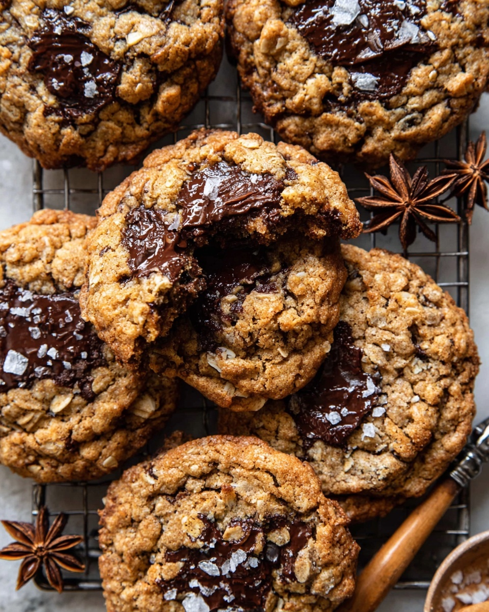 The image shows a close-up view of several oatmeal chocolate chip cookies arranged on a black cooling rack over a white marbled surface. Each cookie has a golden-brown, slightly rough texture with visible oats and melted dark chocolate chunks scattered on the top and inside. The cookies vary in size, with some overlapping each other. A flat metal spatula with a worn wooden handle is partially visible underneath one large cookie near the center, alongside two pieces of star anise placed on the white marbled surface. The cookies have a rustic, homemade look with some sprinkled white sea salt on top, adding a touch of sparkle. photo taken with an iphone --ar 4:5 --v 7
