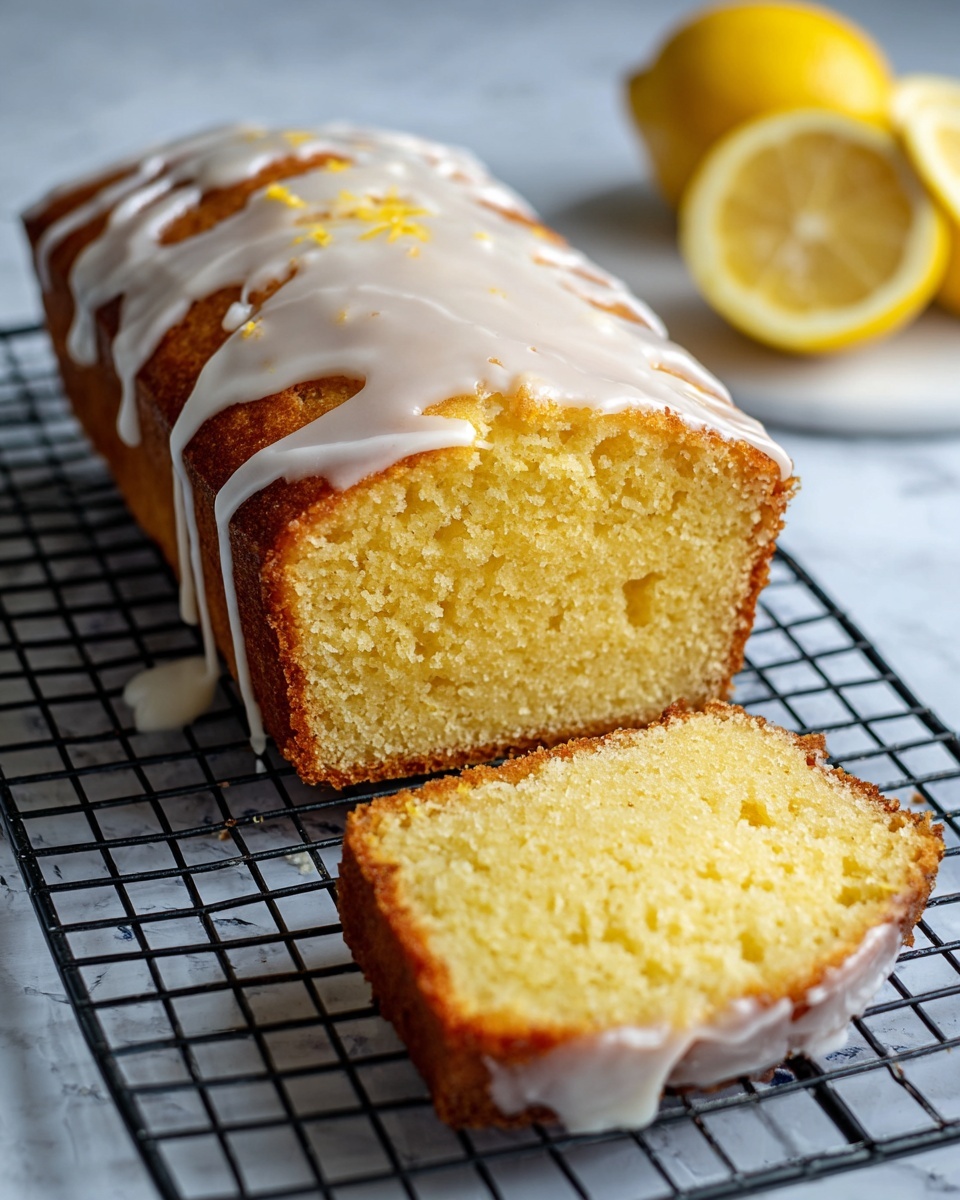 A loaf of yellow cake with a slightly brown crust is seen on a black cooling rack over a white marbled surface. One slice is cut and laid in front, showing a moist and crumbly inside with a soft texture. The top of the cake has a drip of smooth, white icing unevenly spread across it. In the background, there are two halves of a bright yellow lemon placed side by side. The image has soft daylight and clear focus, photo taken with an iphone --ar 4:5 --v 7