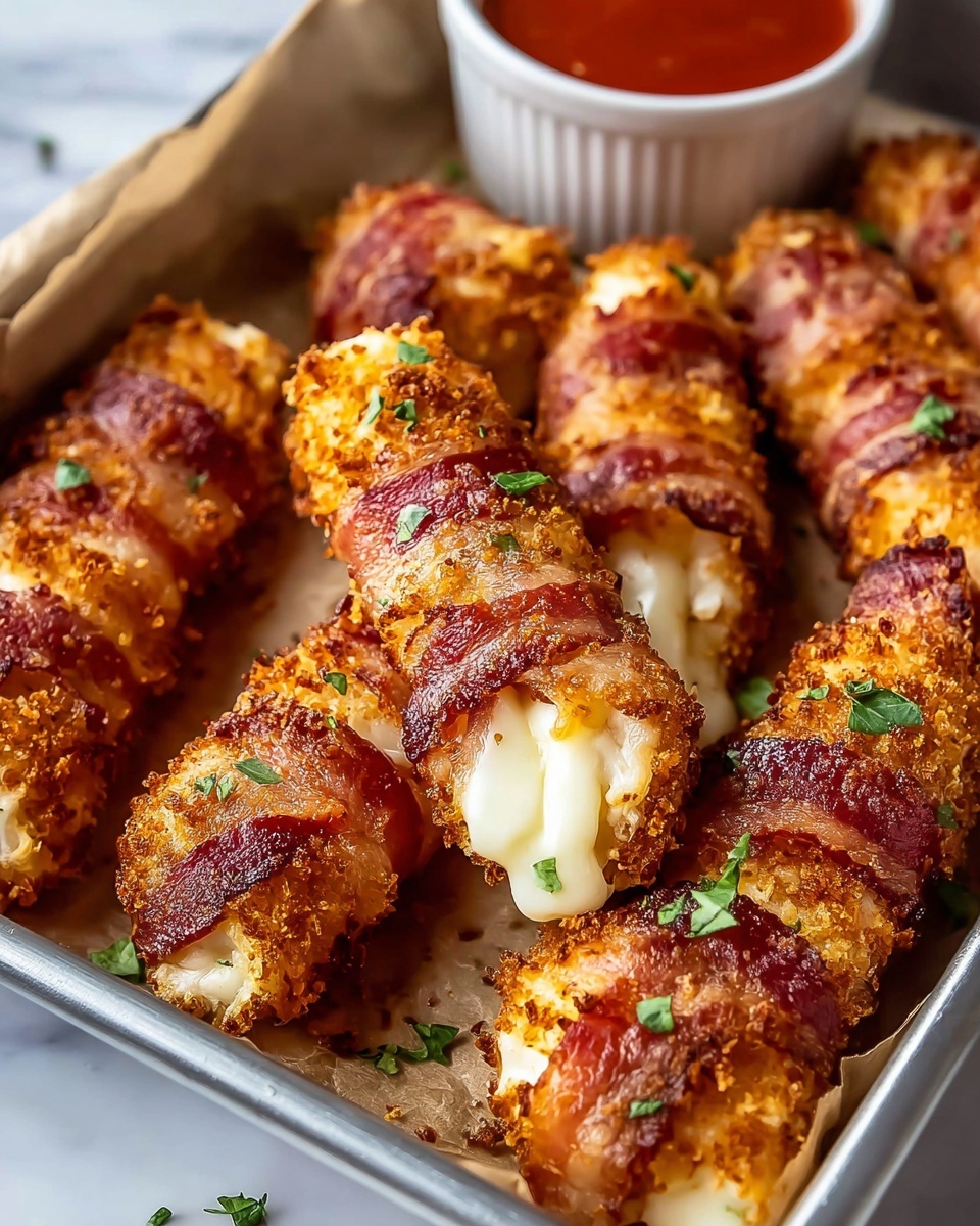 The image shows several cheese sticks wrapped tightly in crispy bacon, placed in a metal tray lined with parchment paper. Each cheese stick has a golden-brown crunchy coating on the surface, with bacon strips creating reddish-brown spiral layers around the melted white cheese inside. Small green herb leaves are scattered on top for garnish. In the background, there is a small white bowl filled with bright red dipping sauce. The setting is on a white marbled surface. photo taken with an iphone --ar 4:5 --v 7