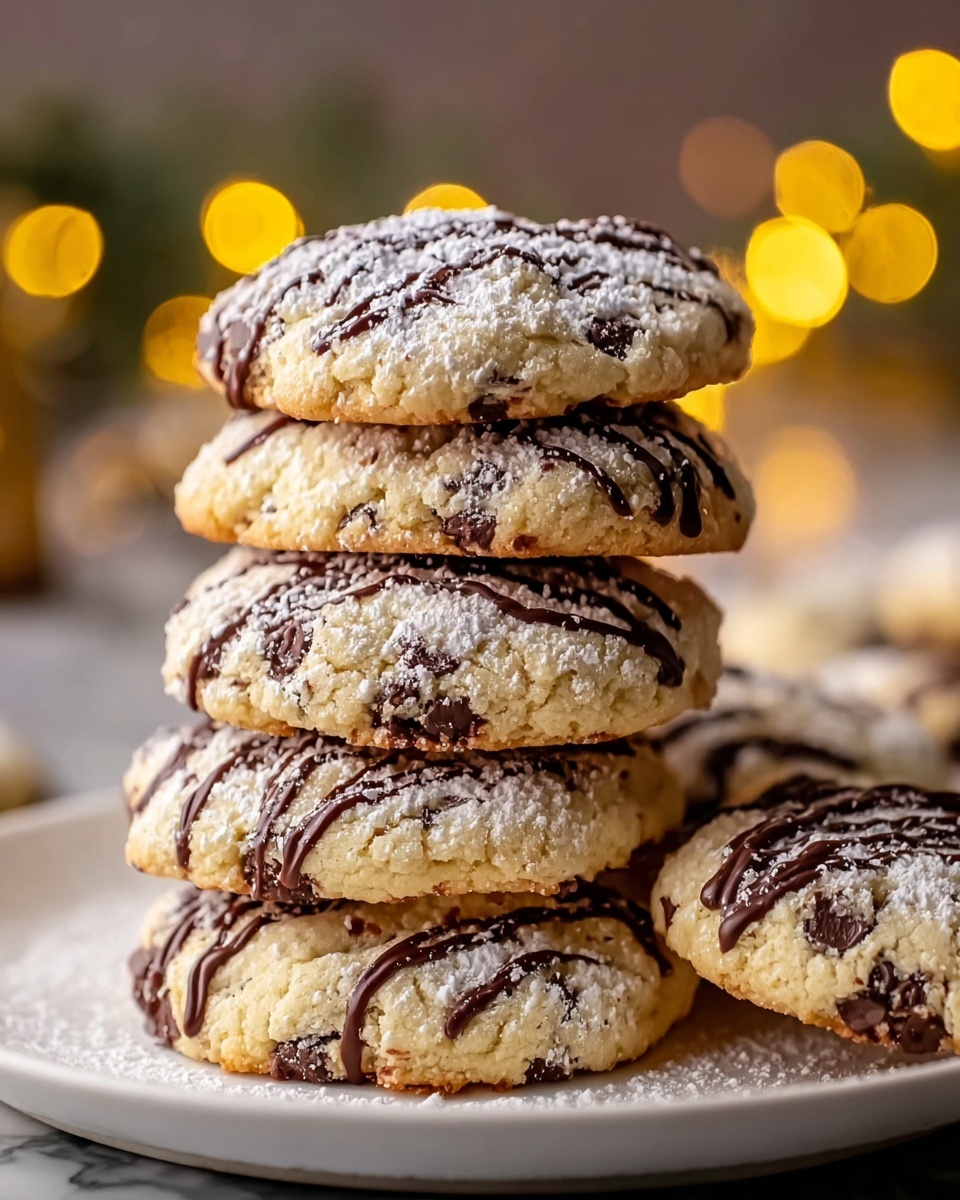 A stack of six round cookies sits on a white plate placed on a white marbled surface, each cookie showing a light golden color with chocolate chips spread throughout. The top cookie is drizzled with thin lines of dark chocolate sauce and dusted with white powdered sugar, which also lightly covers the other cookies below. The cookies have a soft, slightly crumbly texture with a warm, cozy background featuring blurred yellow fairy lights. photo taken with an iphone --ar 4:5 --v 7