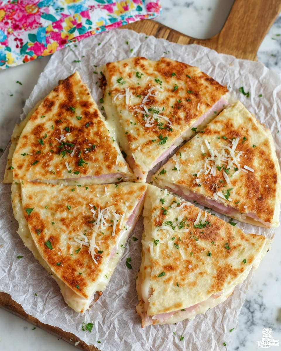 A round quesadilla cut into four thick wedges sits on white parchment paper over a wooden board. The top layer is golden brown with crispy spots and sprinkled with small, shredded white cheese and finely chopped fresh green herbs. Underneath the crispy top, a light beige quesadilla dough holds a middle layer that is slightly visible, showing light pink slices of ham and melted white cheese. The quesadilla edges are lightly browned with a soft, slightly chewy texture. The background is a white marbled surface with a colorful floral cloth partially visible. Photo taken with an iphone --ar 4:5 --v 7