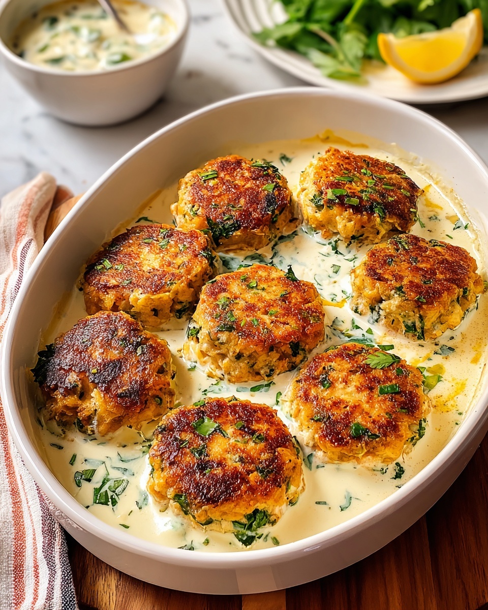Salmon Patties with Creamy Lemon-Garlic Sauce Recipe - Recipe Image