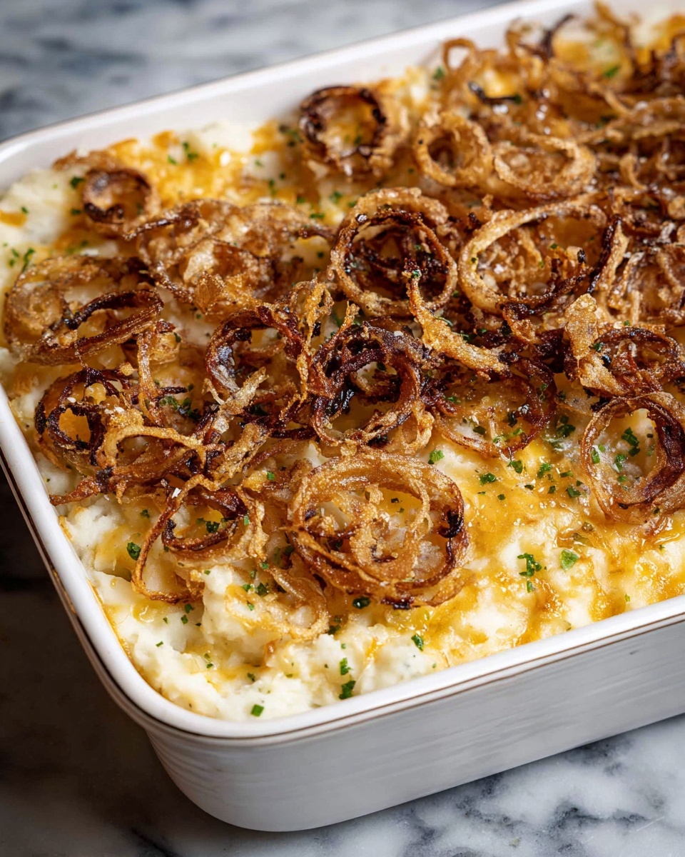 The dish shows a white baking dish filled with creamy, yellowish potato casserole that has small chunks of potato mixed with melted cheese, creating a soft and creamy texture on the bottom layer. On top, there is a thick, golden-brown layer of crispy, thinly sliced fried onions spread unevenly, giving a crunchy texture. A silver spoon scoops into the casserole from the right side, revealing the creamy, soft potato mixture beneath the crispy onion layer. The whole dish is placed on a white marbled surface. photo taken with an iphone --ar 4:5 --v 7