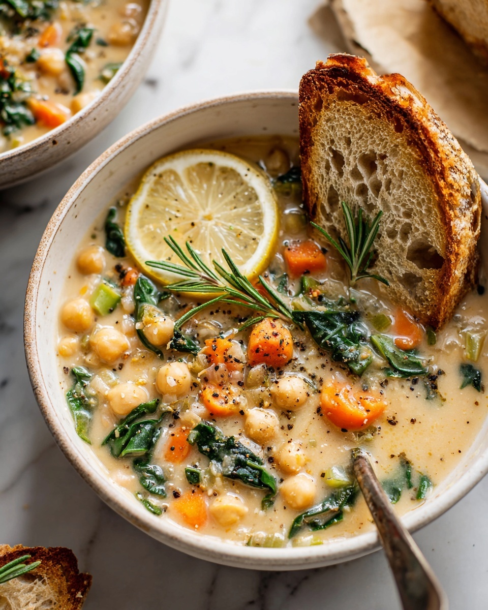 The image shows a warm chickpea and vegetable soup served in a round white bowl filled with a creamy light beige broth, dotted with soft orange carrot slices, green spinach pieces, and whole chickpeas. On one side of the bowl, a thick piece of crusty bread leans against the soup, topped with a fresh green sprig of rosemary and a bright yellow slice of lemon sprinkled lightly with black pepper and grated white cheese. A bronze spoon is placed inside the bowl on the right side, resting against the edge. Surrounding the bowl on a white marbled surface are additional pieces of torn bread, a small bowl with lemon wedges, and two more bowls with soup showing similar ingredients. photo taken with an iphone --ar 4:5 --v 7