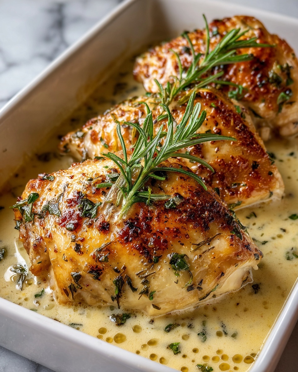 Melt In Your Mouth Chicken Recipe 5 The image shows three large pieces of golden brown cooked chicken in a white rectangular dish with a creamy sauce at the bottom. The chicken has a crispy, slightly shiny skin with small green herb bits sprinkled all over. On top of the chicken, there is a fresh rosemary sprig adding a touch of green. The dish sits on a white marbled surface. The sauce looks rich and smooth with small bubbles around the edges. photo taken with an iphone --ar 4:5 --v 7