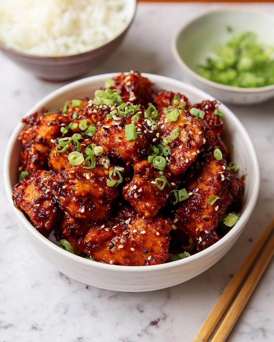 Korean Sticky Chicken Recipe 5 A white bowl filled with about two layers of small, reddish-brown chicken pieces coated in a sticky sauce. The chicken pieces have a shiny, slightly crispy texture with sesame seeds sprinkled on top. Bright green chopped scallions are scattered over the chicken, adding fresh color. The bowl sits on a white marbled texture surface, with another white bowl filled with steamed white rice blurred in the background and a smaller white bowl with more scallions nearby. A pair of light wood chopsticks rests in the bottom right corner of the image. Photo taken with an iphone --ar 4:5 --v 7