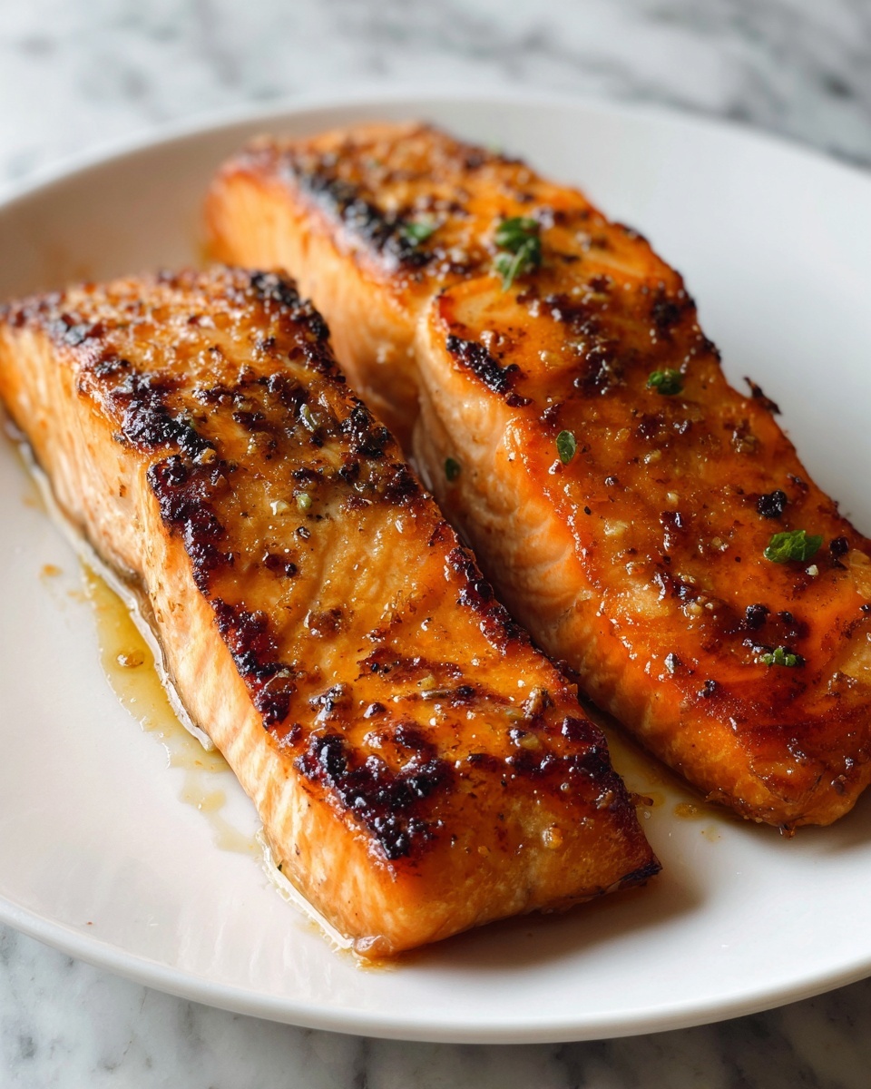 Ginger Garlic Air Fryer Salmon Recipe 5 Two cooked salmon fillets are placed side by side on a plain white round plate. Each fillet has a golden-brown surface with light charring and some darker spots, showing a slightly crispy texture. The salmon has visible grill marks and small bits of seasoning on top. The plate sits on a white marbled textured surface, and a black fork is placed near the bottom right edge of the plate. Photo taken with an iphone --ar 4:5 --v 7