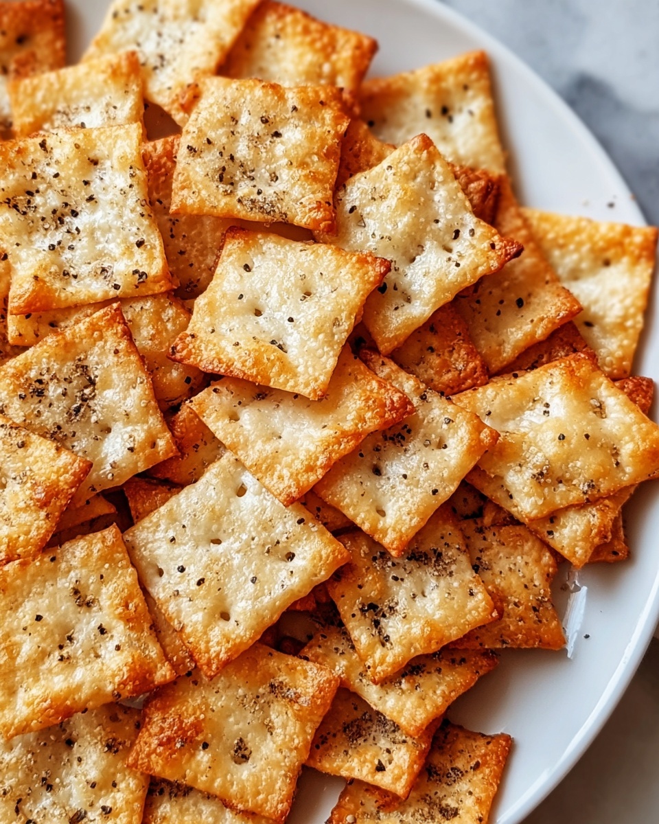 This image shows many small square crackers piled on a white plate. Each cracker is golden brown with a slightly crispy texture and raised edges that look crunchy. On top of the crackers, there is a white layer of melted cheese, slightly bubbly and uneven. Black specks of ground pepper are sprinkled across the cheese, adding some contrast. The plate sits on a white marbled surface that adds a clean, smooth background. photo taken with an iphone --ar 4:5 --v 7