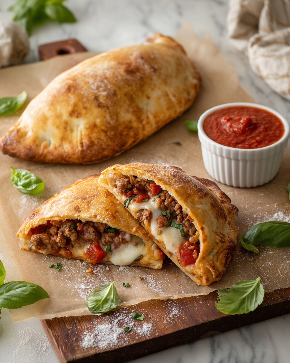The image shows a folded calzone with a golden brown crust resting on parchment paper over a white marbled surface. The calzone is cut in half, revealing three layers inside: a bottom layer of cooked ground meat in light brown, a middle layer of melted white cheese, and a top layer of bright red tomato sauce with small chunks. There are a few fresh green basil leaves scattered around the calzone. Behind it, there is a white bowl filled with red tomato sauce topped with grated cheese and a whole calzone. The lighting highlights the texture of the crust and the melting cheese photo taken with an iphone --ar 4:5 --v 7