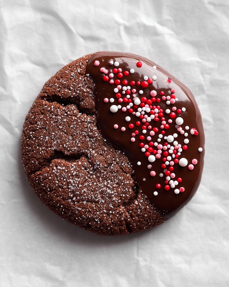 Chocolate Sugar Cookies with Melted Chocolate Coating Recipe 5 A round dark brown cookie with a cracked sugar-dusted surface sits on a white marbled textured paper. Half of the cookie is covered in a shiny smooth layer of chocolate coating that has small red, white, and pink round sprinkles scattered on top. The contrast between the rough cookie side and the glossy chocolate side with colorful sprinkles makes it visually striking. photo taken with an iphone --ar 4:5 --v 7