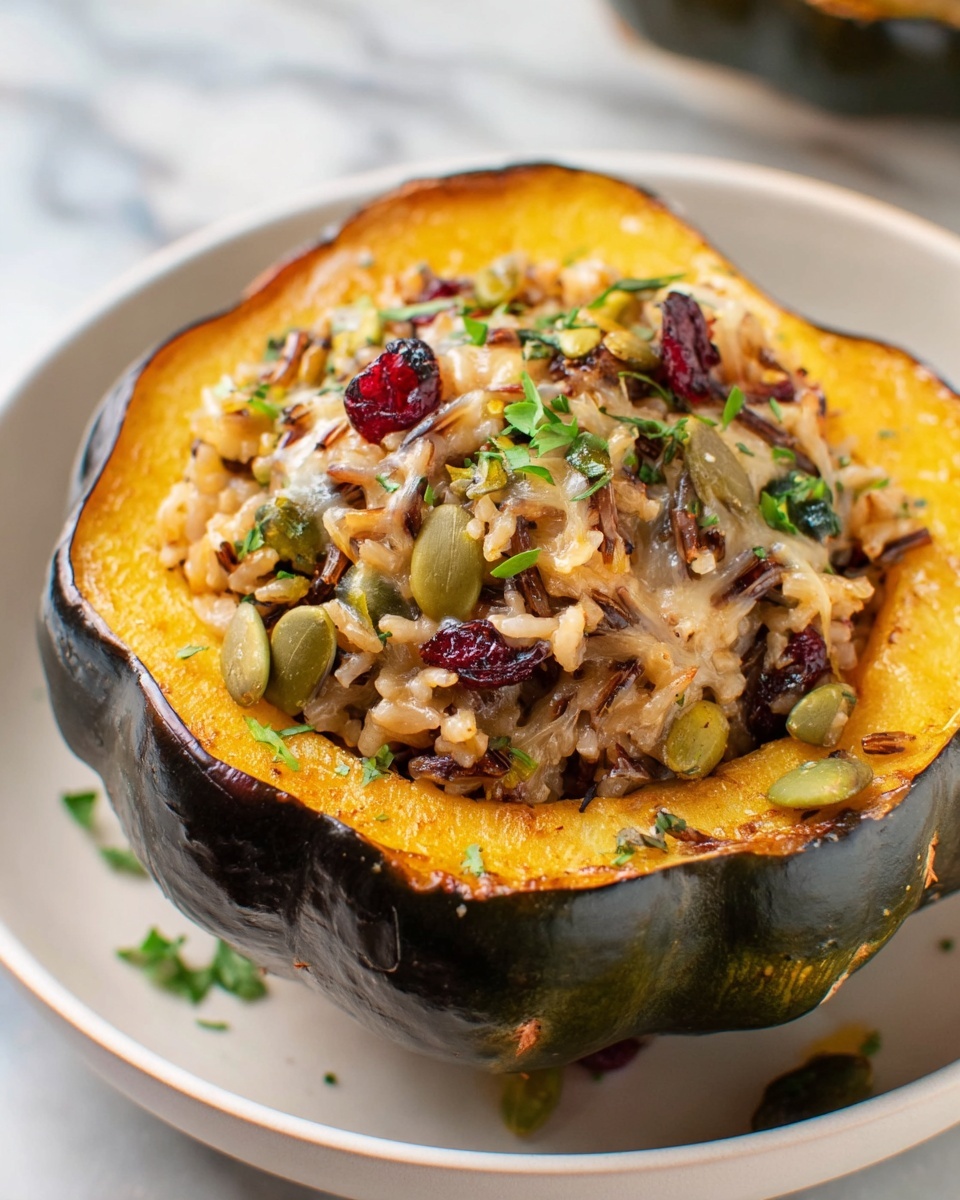 Four round halves of roasted acorn squash with dark green skin and bright orange-yellow flesh sit on a tray with a white marbled texture. Each squash half is filled with a mixed rice stuffing that has varied colors including light brown, dark brown, and green from herbs and vegetables, topped with melted light beige cheese that spreads unevenly over the rice. Small bits of green herbs are sprinkled on top of everything for a fresh look. The squash halves show a slightly grilled texture on the edges of the orange flesh. photo taken with an iphone --ar 4:5 --v 7