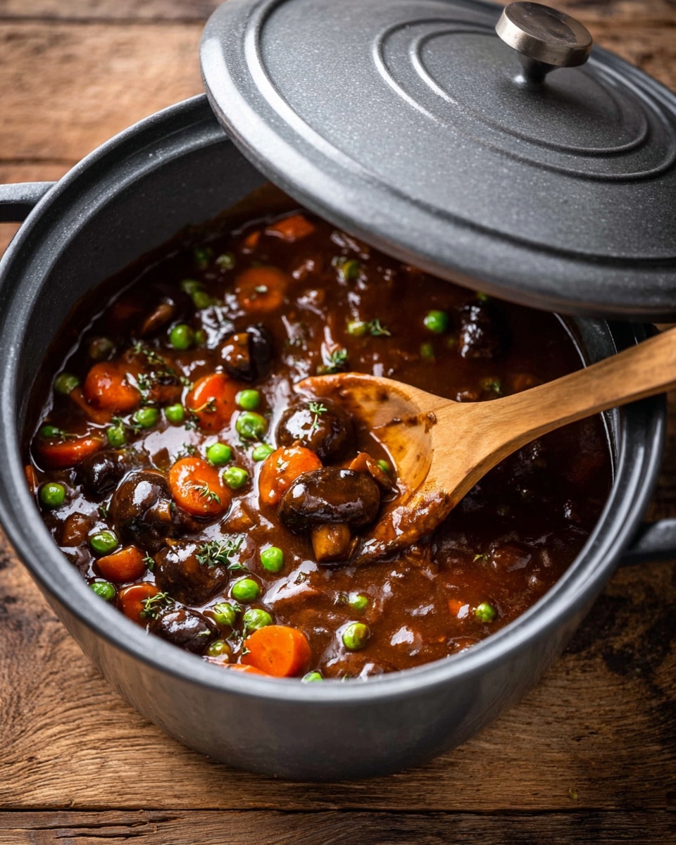 A close-up view of a dark gray round pot with a lifted lid showing thick, rich stew inside. The stew has a glossy, deep brown sauce as the first layer, with visible vegetables including bright orange carrot slices, green peas, and whole dark brown mushrooms scattered evenly within the sauce. A wooden spoon dips into the stew from the right side of the pot. The pot is placed on a white marbled surface that replaces the original wooden texture. Photo taken with an iphone --ar 4:5 --v 7