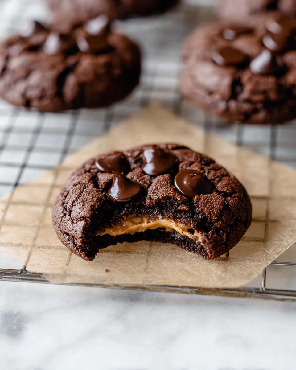 A baking tray holds seven soft, dark brown chocolate cookies topped with scattered chocolate chips, one cookie in the center broken in half revealing a creamy light brown peanut butter filling inside its two thick layers. Next to the cookies is a small white bowl filled with swirled, smooth peanut butter. The tray sits on a white marbled surface that brightens the scene. photo taken with an iphone --ar 4:5 --v 7