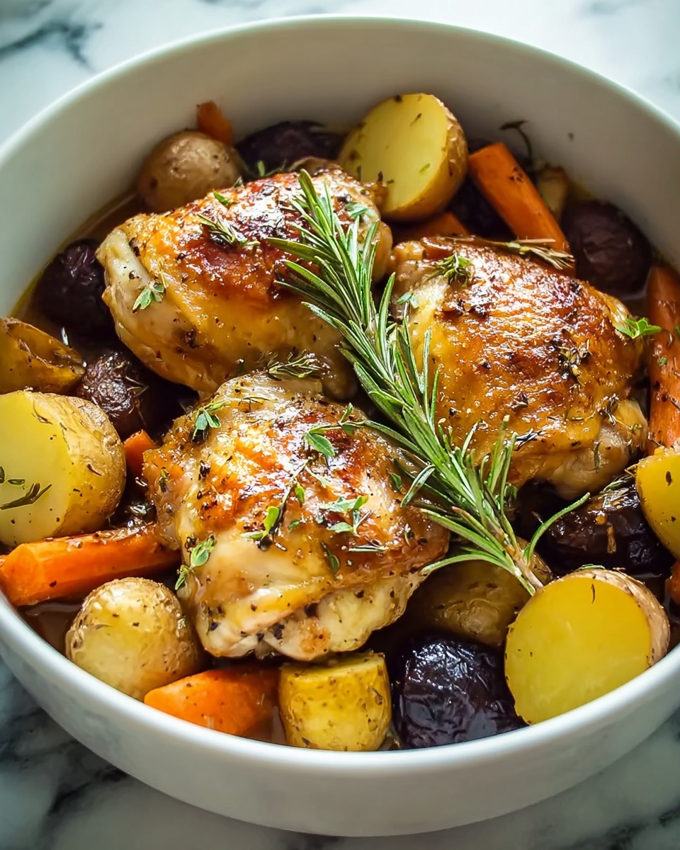 A white bowl filled with five pieces of golden brown cooked chicken thighs arranged on top, each with a slightly crispy skin and sprinkled with green herb leaves. Beneath and around the chicken are chunky pieces of yellow and orange cooked vegetables, including diced potatoes and carrots, mixed with small cooked onion pieces. The dish has a shiny glaze with visible seasoning and herbs, all set against a white marbled surface with soft natural lighting. Photo taken with an iphone --ar 4:5 --v 7