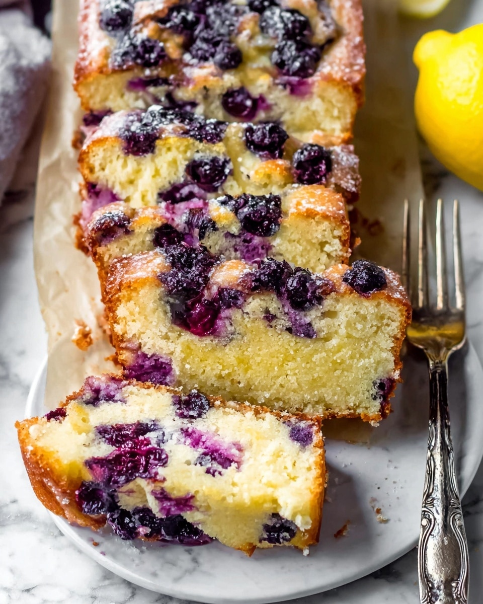 The image shows several slices of a moist blueberry lemon cake with two visible layers: a golden-brown crust on top dotted with whole blueberries and a light yellow crumb inside mixed with more blueberries giving purple spots. The cake slices are placed on parchment paper on a white marbled surface, with one slice taken out and placed on a white plate below, showing the soft inside texture. On the right side, there is a halved lemon adding a bright yellow color contrast. A silver fork with ornate detailing rests on the white plate next to the slice. The photo taken with an iphone --ar 4:5 --v 7