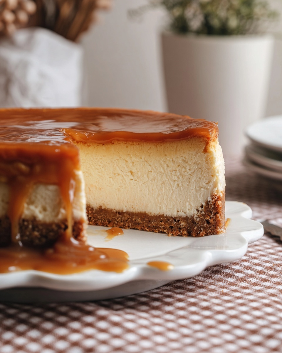 The image shows a cheesecake with three visible layers on a white scalloped plate sitting on a brown and white checkered cloth. The bottom layer is a thick, crumbly brown crust that forms the base and sides. Above the crust is a thick, creamy, pale beige cheesecake layer with a smooth texture. The top layer is a shiny, rich caramel glaze that evenly covers the cheesecake and slightly drips down the side. Some caramel is spread on the plate near the cheesecake. In the background, there is a white pot with a blurred plant and soft neutral tones. The photo taken with an iphone --ar 4:5 --v 7