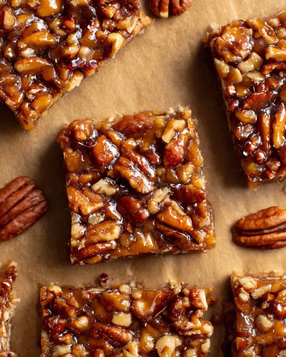 This image shows several pieces of chocolate brownies layered on a white marbled surface, topped with a thick layer of brown caramel glaze loaded with chopped pecans, giving a bumpy texture. The brownies have two visible layers: a dark, rich chocolate bottom layer and a glossy caramel-nut top layer. The brownies are cut into neat squares, and a few whole pecans are placed around them for decoration. One brownie has been stacked slightly over another to show the thickness of each layer. Photo taken with an iphone --ar 4:5 --v 7
