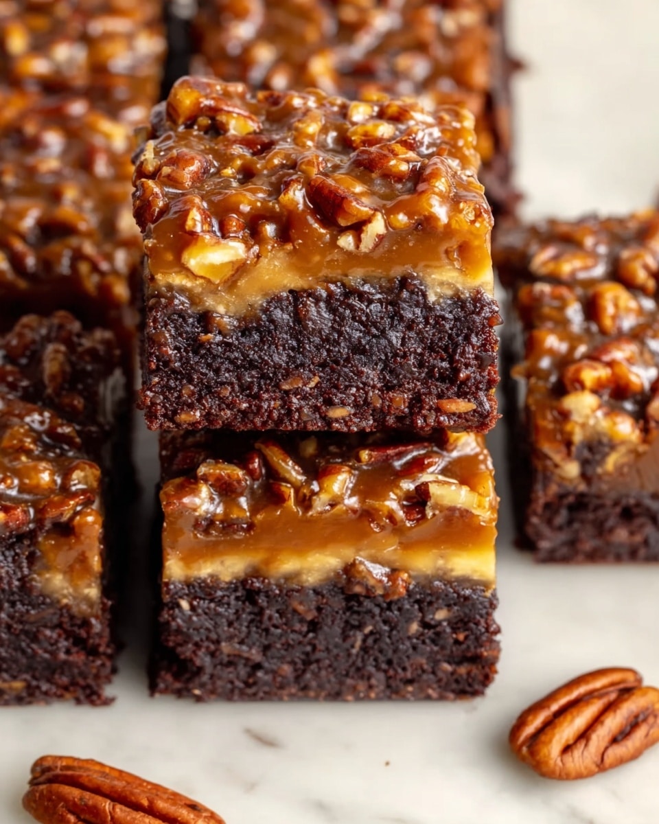 The image shows several square pieces of nut bars on a brown paper surface. Each piece has a rough texture made of many chopped and whole pecans held together by a shiny, sticky caramel-like layer that makes the nuts look glossy and slightly sticky. The pecans are golden brown and cover the entire top surface of each square, slightly uneven in shape. Whole pecans are scattered around the nut squares on the brown paper. The photo taken with an iphone --ar 4:5 --v 7