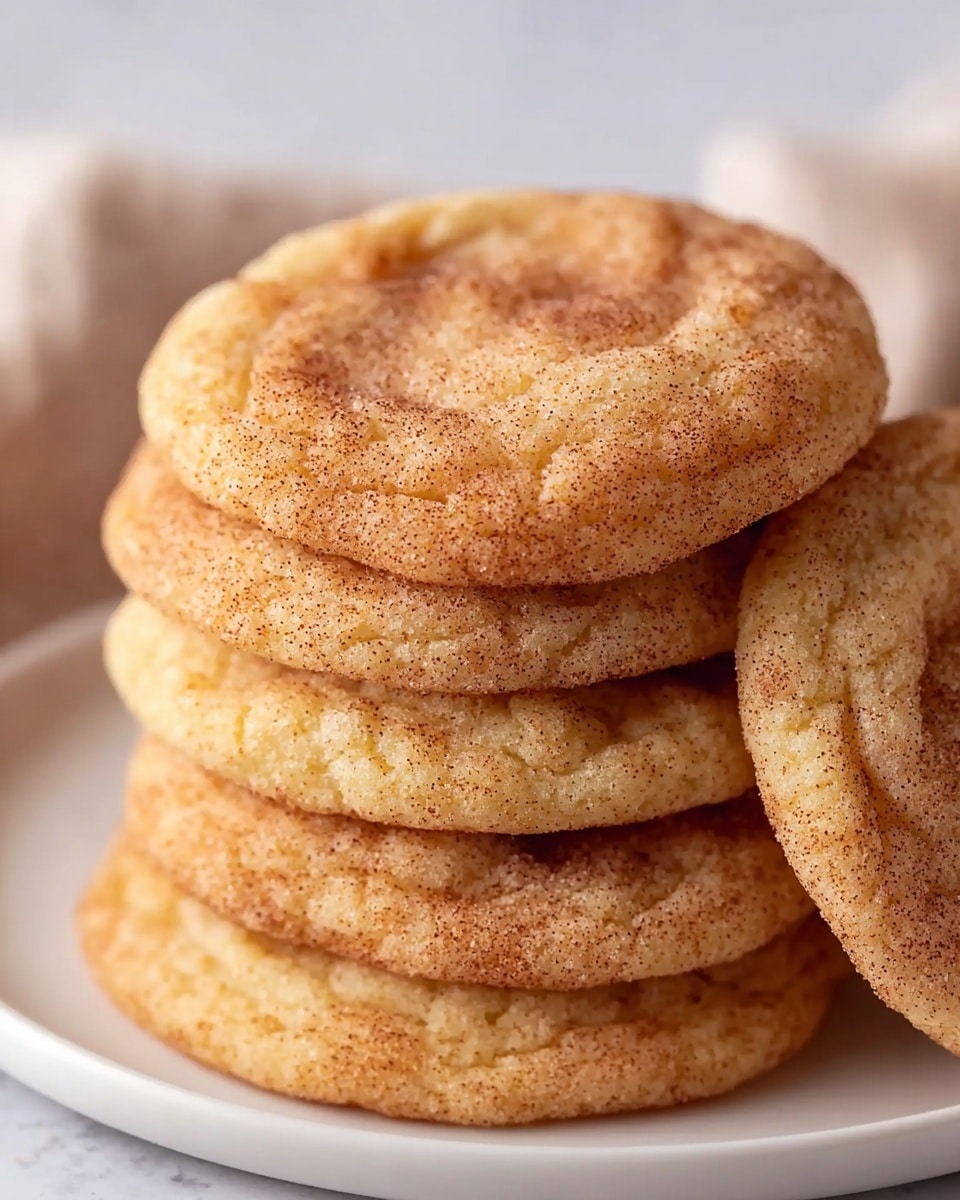 A stack of five round cookies sits in the center of a white plate on a white marbled surface. Each cookie is light brown with a soft, slightly crinkled texture and covered evenly with a dusting of cinnamon sugar, giving them a speckled look. The cookies are thick and fluffy, stacking neatly on top of each other. In the background, blurred shapes suggest cinnamon sticks and ginger root, adding a warm, cozy feeling to the scene. Photo taken with an iphone --ar 4:5 --v 7