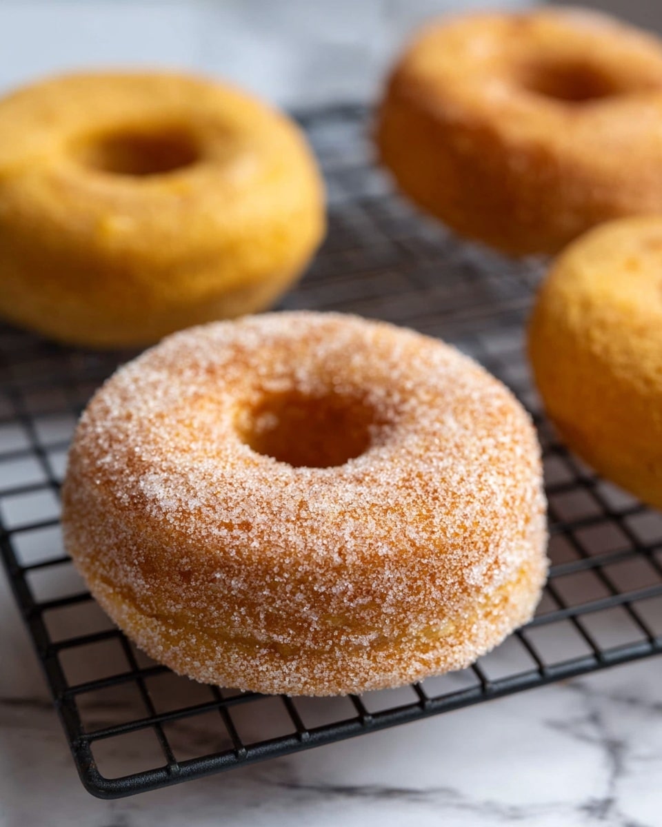 A close-up view of three donuts on a black cooling rack over a white marbled surface. The donut in the front is covered in a layer of white sugar crystals giving it a rough texture, with a light golden brown color underneath. Behind it, two other donuts have a smooth light golden brown surface without sugar, showing a soft texture. The donuts have a classic round shape with a large hole in the middle, and the whole scene is softly lit to enhance the warm colors. photo taken with an iphone --ar 4:5 --v 7