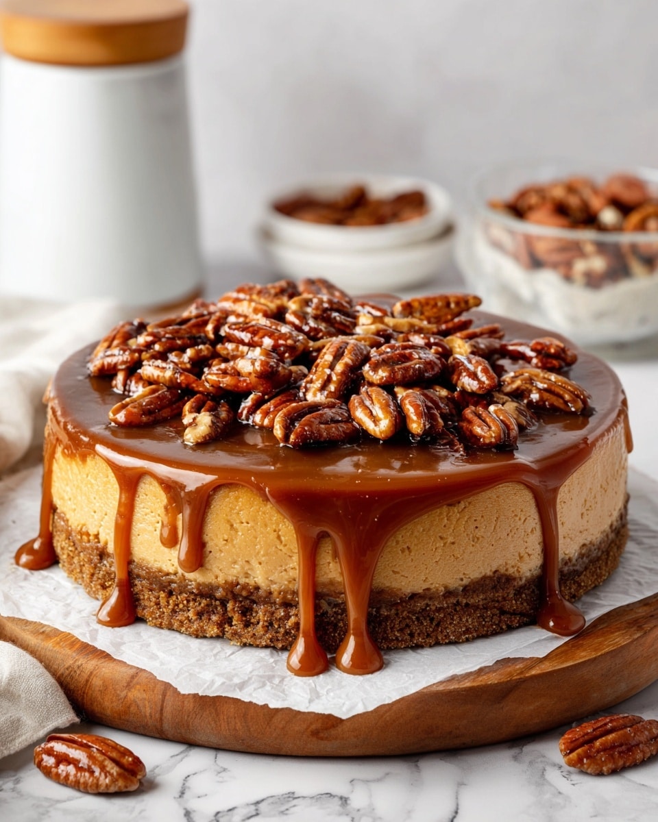 A round cheesecake is shown with three distinct layers. The bottom layer is a crumbly, light brown crust. The middle layer is thick and creamy with a pale beige color. The top layer is a glossy dark caramel sauce covered with shiny, whole pecans, some of which are dripping slightly down the sides onto the crust. A slice is missing from the cheesecake, revealing the inside and the layers clearly. The cheesecake sits on a dark round tray, which rests on crumpled white parchment paper atop a wooden board. The background is a soft light beige color with a white marbled texture surface. Photo taken with an iphone --ar 4:5 --v 7