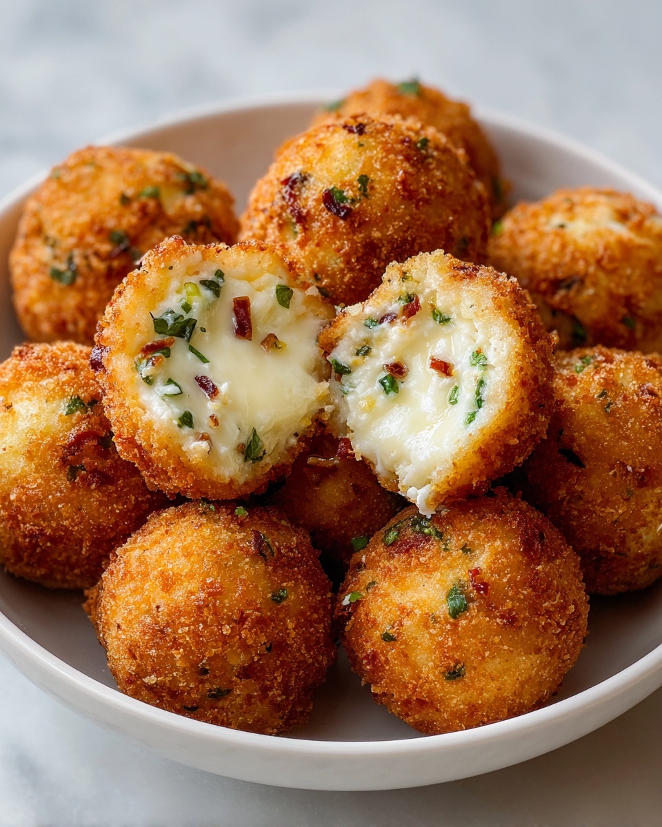 A white bowl is filled with round golden-brown fried balls that have a crunchy crumb coating on the outside. One ball near the top is cut open, showing a creamy, pale yellow inside with small bits of green herbs and red pieces, giving a mix of smooth and chunky textures. The balls are piled closely together in the bowl, which sits on a white marbled surface. photo taken with an iphone --ar 4:5 --v 7