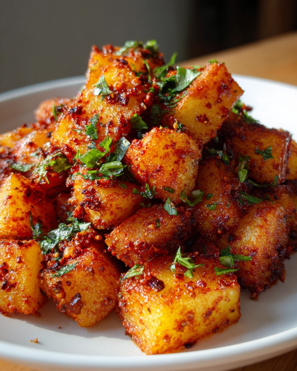 A white bowl filled with about two layers of golden brown potato chunks that are coated with a reddish spice mix giving a rough texture. Bright green cilantro leaves are scattered over the potatoes, adding a fresh contrast. Some small bits of light-colored garlic or onion are visible among the potatoes. The background shows a soft white marbled surface and natural light from a window. photo taken with an iphone --ar 4:5 --v 7