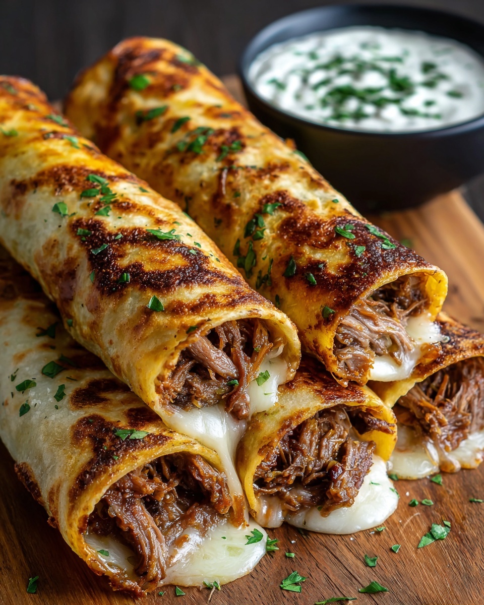 A stack of four golden-brown rolled tortillas filled with two layers: a creamy white melted cheese layer at the bottom and a shredded brown meat layer on top, sprinkled with small green parsley pieces, placed closely together on a wooden board with a white marbled surface visible around it; a white bowl of dark red sauce sits blurred in the background, photo taken with an iphone --ar 4:5 --v 7