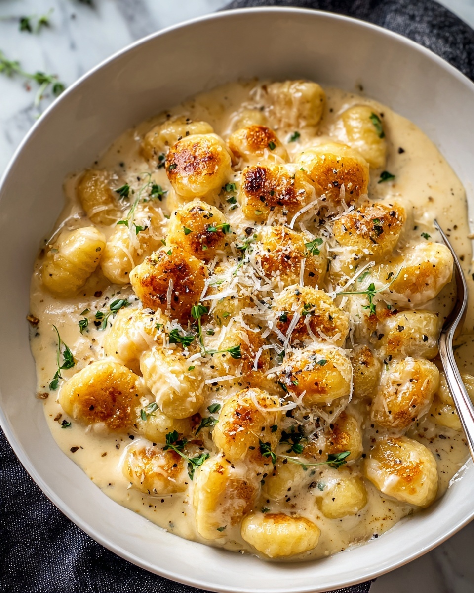 Creamy Crack Chicken Gnocchi Recipe 5 A close-up of a white bowl filled with soft gnocchi covered in a thick creamy white sauce, topped with small pieces of crispy golden brown garnish and a sprinkle of finely chopped green herbs, all sitting on a white marbled surface. photo taken with an iphone --ar 4:5 --v 7